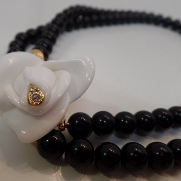 Kenneth J. Lane KJL for Avon Black Beaded Multi Strand Necklace Rose Bling 14" - Picture 9 of 16